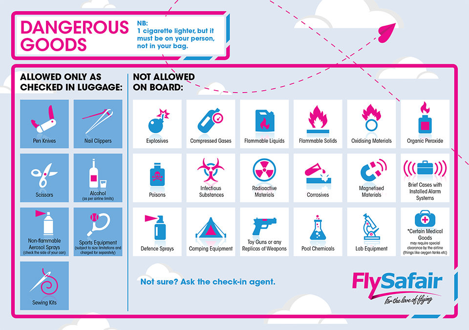 FlySafair Dangerus Goods leaflet of allowed and not allowed goods