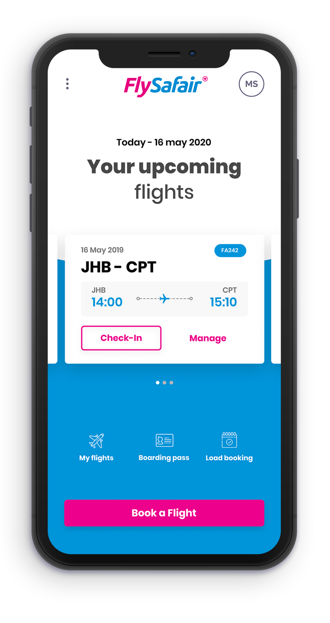 Flysafair App home screen displayed on an iPhone