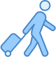 blue male figure pulling luggage