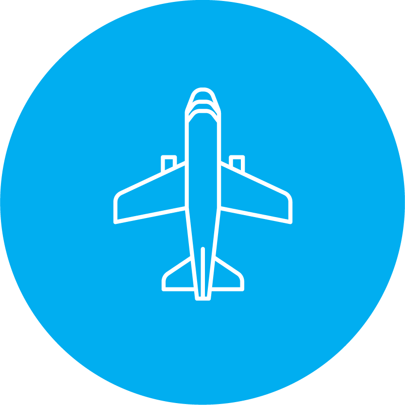 round blue icon with a blue and white aircraft