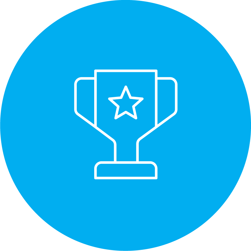 round blue icon with a blue and white trophy