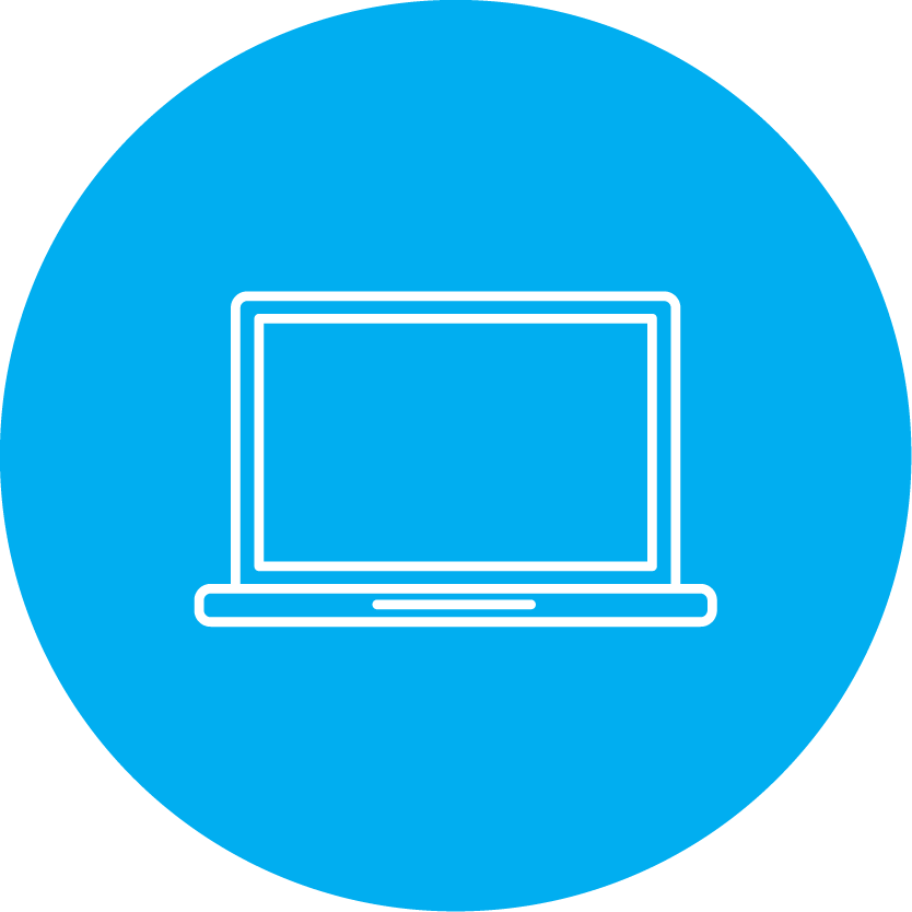 round blue icon with a blue and white computer